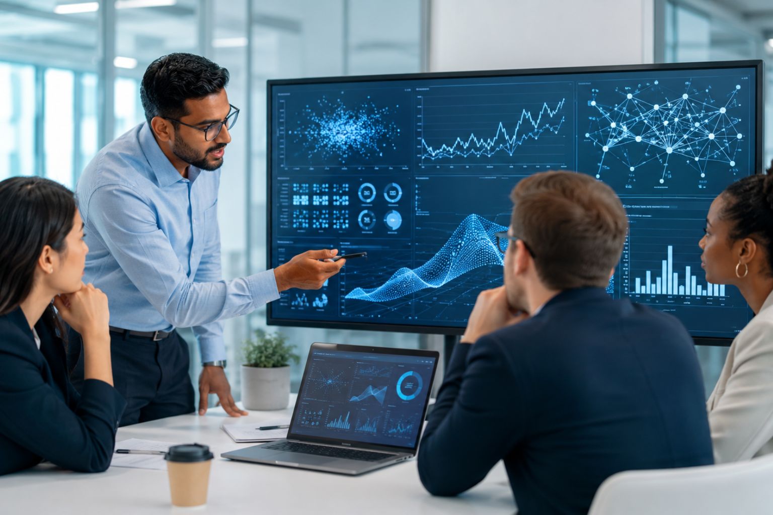 A diverse business team reviews machine learning and analytics dashboards during a professional office meeting, with a presenter explaining data visualizations on a large screen.
