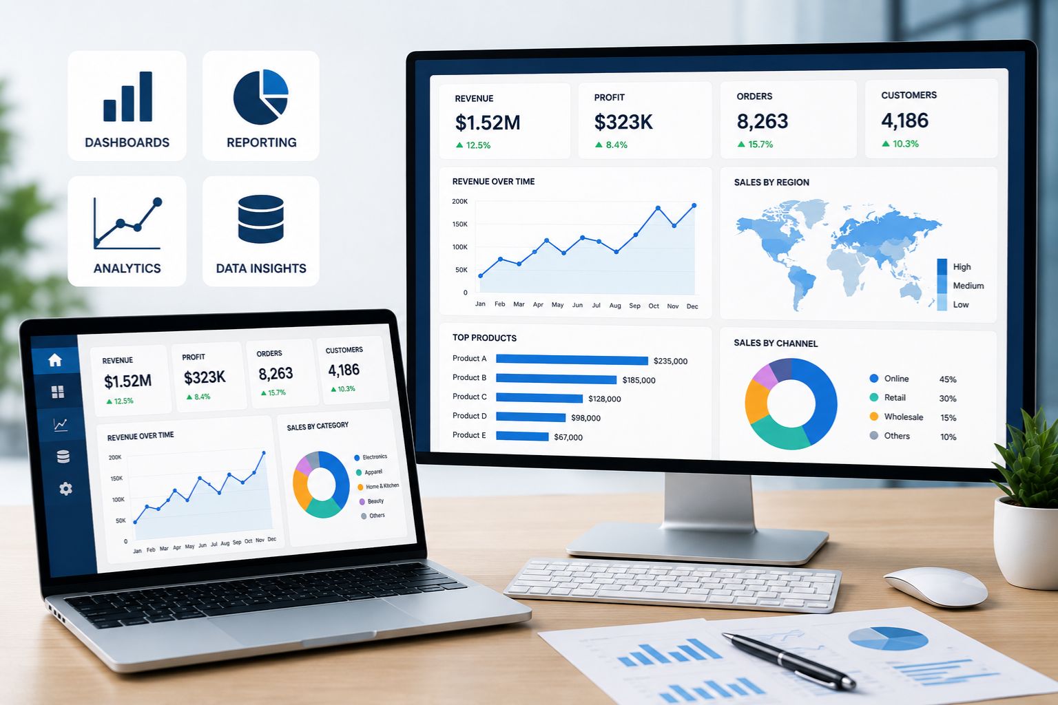 Clean modern business intelligence workspace showing a laptop and desktop monitor with dashboards, charts, and reports in a bright professional office setting.