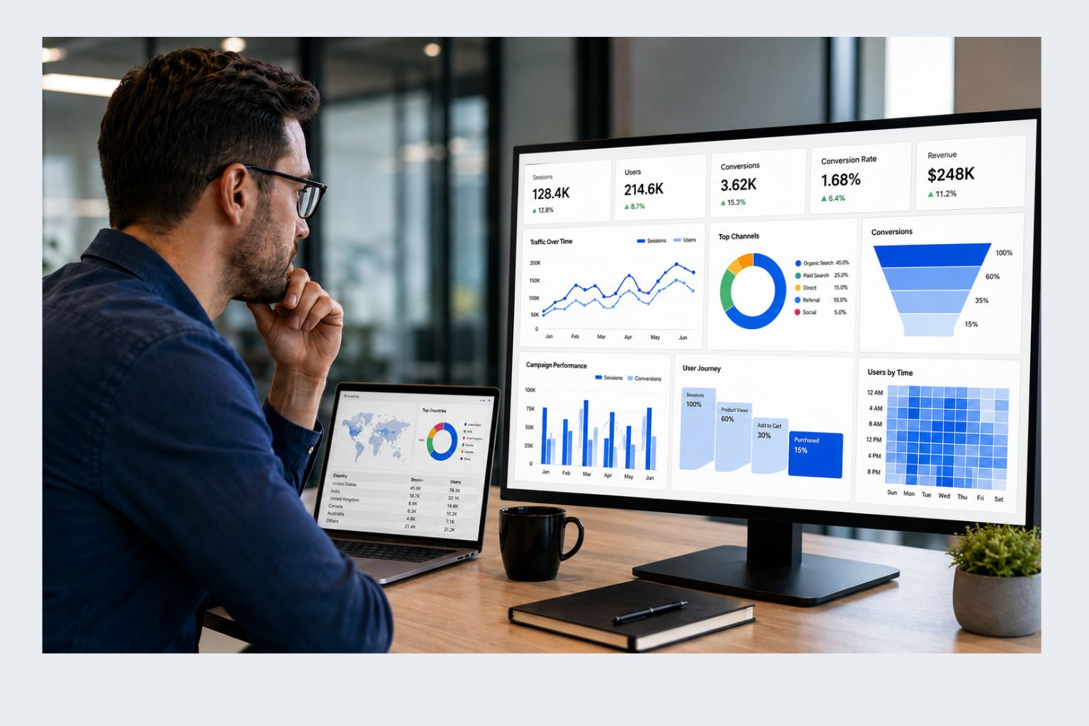 Professional analyst reviewing a digital analytics dashboard on a large desktop monitor, with clear charts, funnel visuals, traffic metrics, and campaign performance data in a modern office.