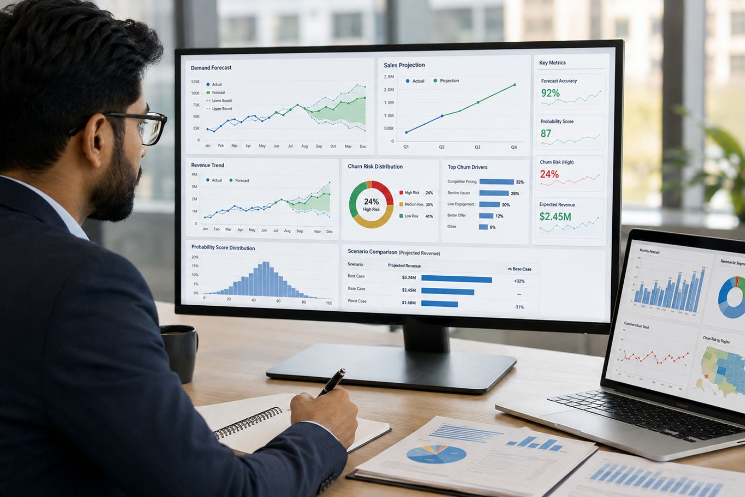 Predictive analytics consultant reviewing demand forecasts, sales projections, churn risk metrics, and revenue trend charts on a desktop dashboard