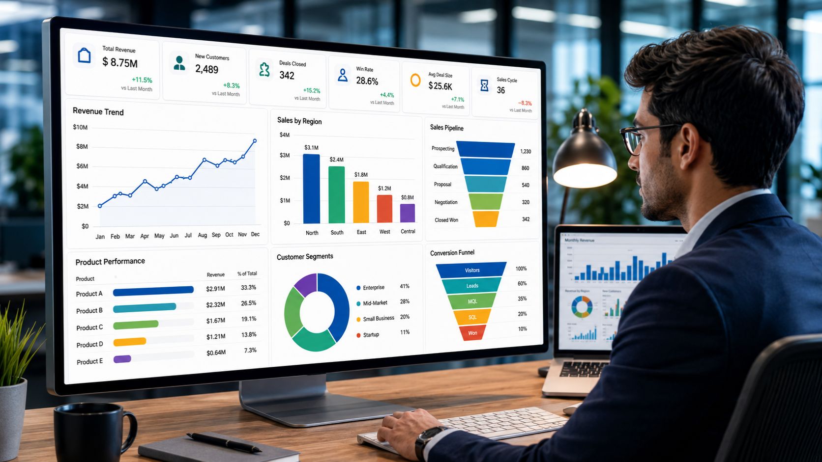 Sales analytics consultant reviewing a clear dashboard with revenue trends, pipeline metrics, product performance, customer segments, and conversion funnel data.