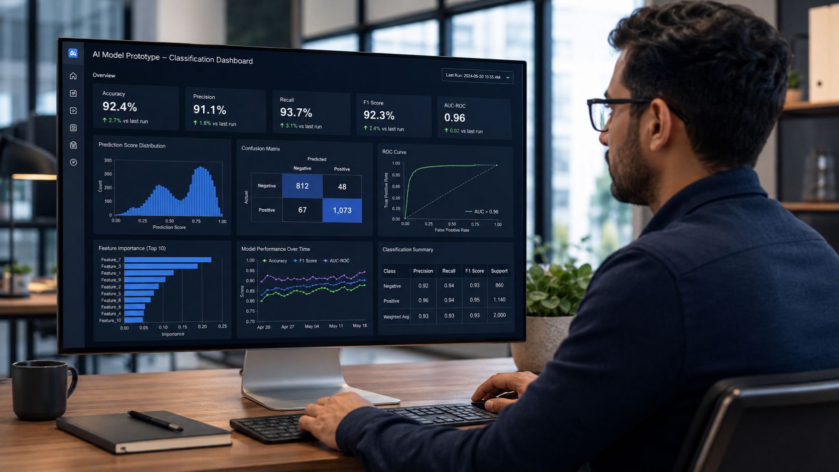 Machine learning consultant reviewing an AI model prototype dashboard with prediction scores, feature importance, and model performance charts.