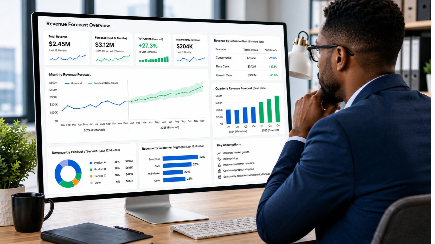 Revenue forecasting consultant reviewing a clear dashboard with monthly revenue projections, quarterly forecast charts, scenario comparisons, and business planning metrics.