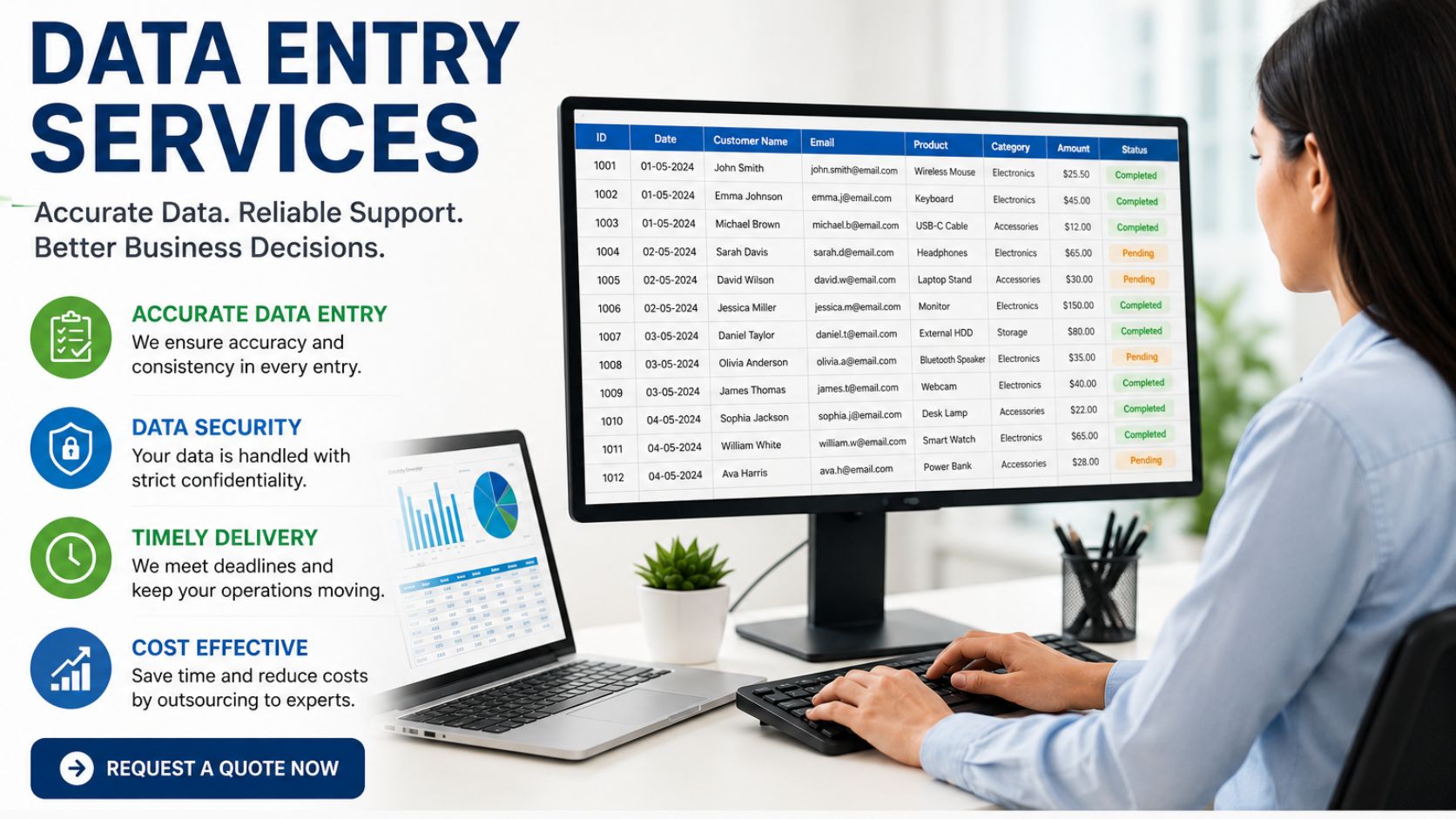Data entry services banner showing a professional consultant entering organized spreadsheet records with icons for accuracy, security, timely delivery, and quality control.