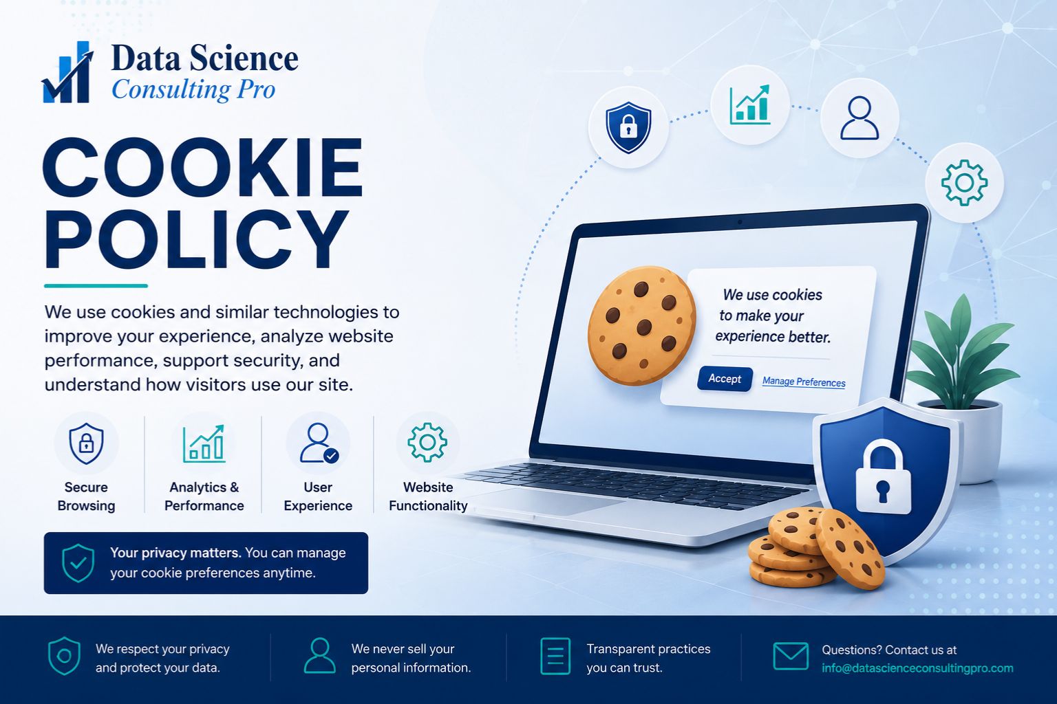 Professional Cookie Policy banner for Data Science Consulting Pro showing a laptop with a cookie consent popup, security shield, cookie icons, and privacy and analytics symbols.