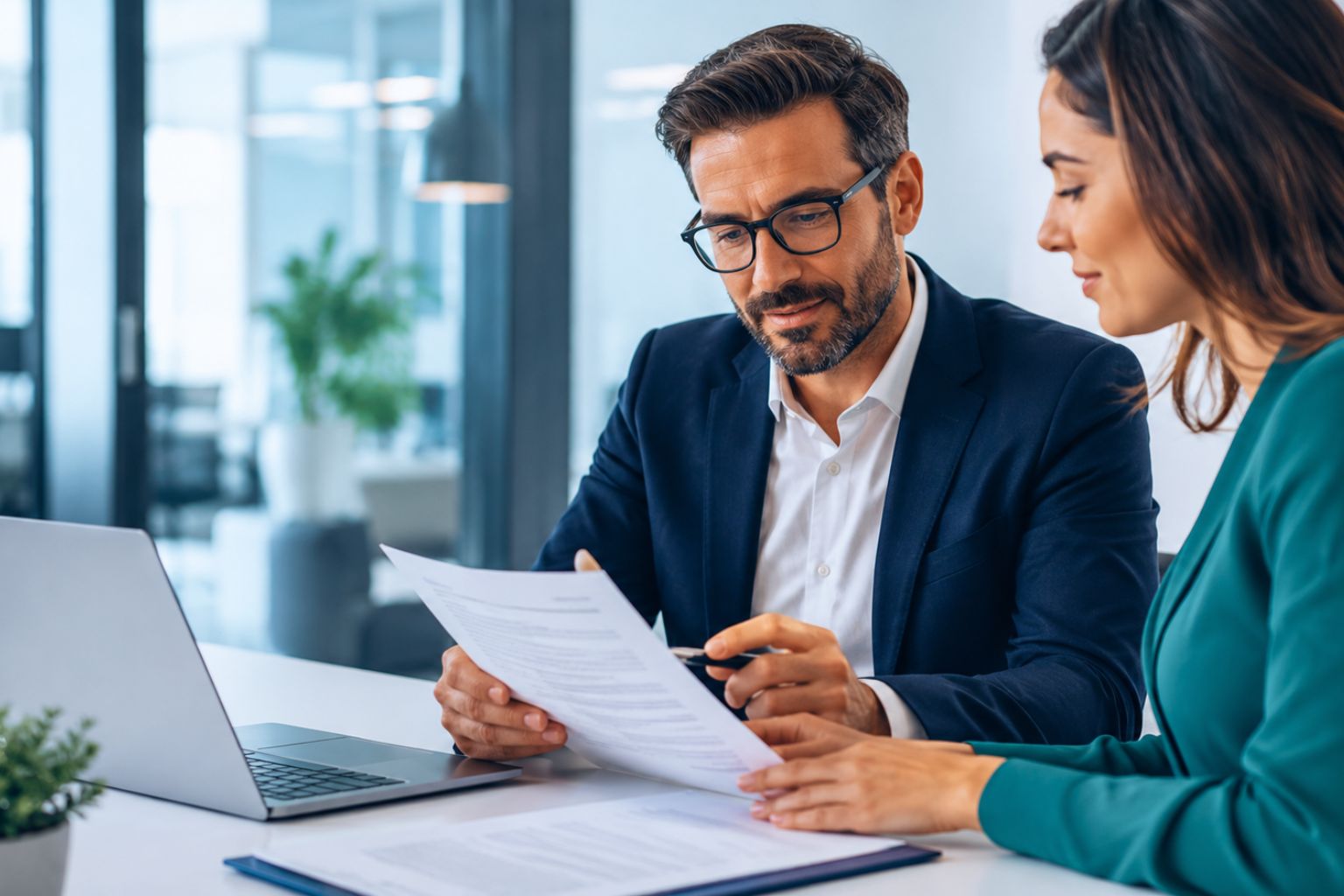 Business consultant and client reviewing service agreement documents during a professional data consulting meeting.