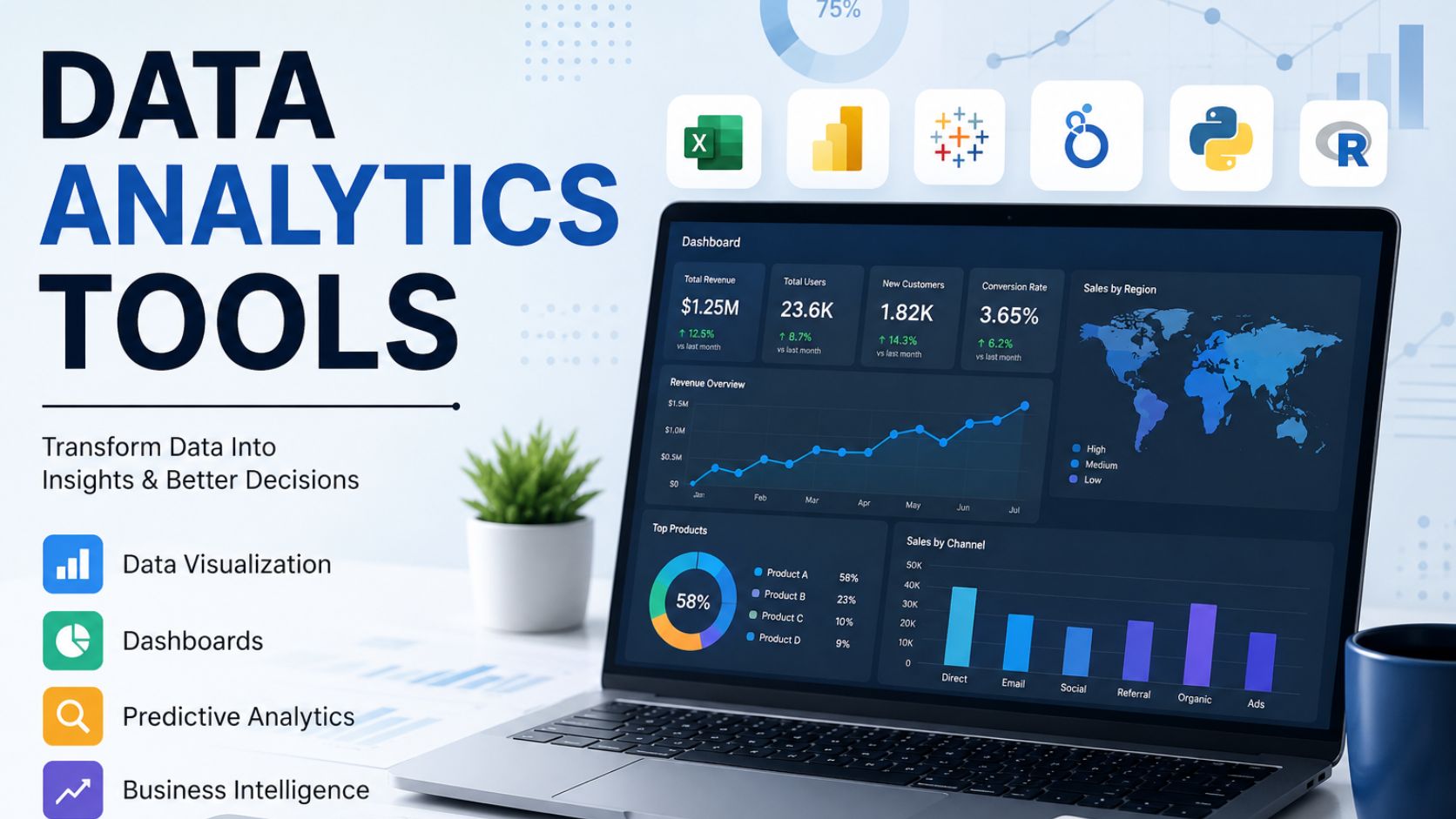 Data analytics tools dashboard showing charts, reports, predictive analytics, and business intelligence insights on a laptop.