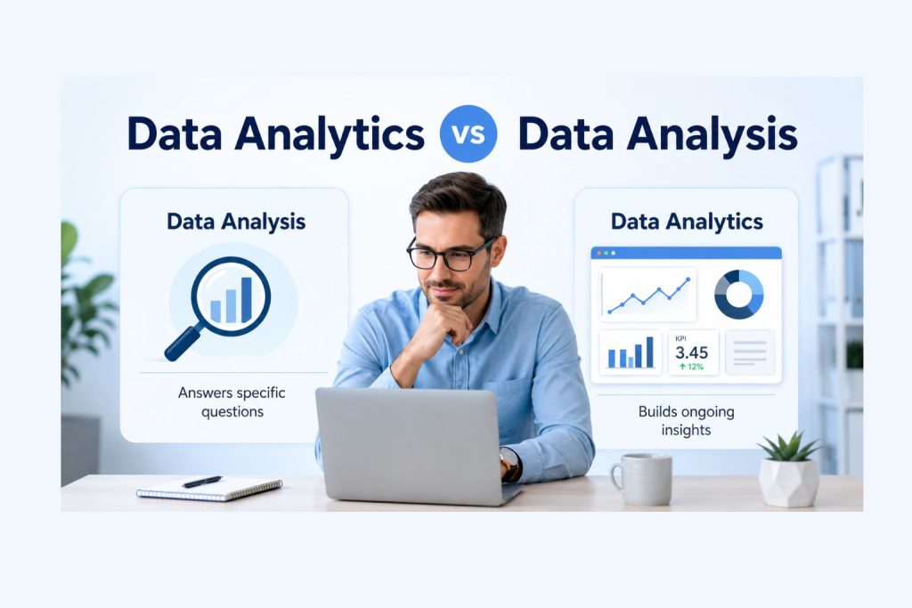 Professional light-blue featured image showing a real person working on a laptop between two panels labeled Data Analysis and Data Analytics, with simple visuals explaining that data analysis answers specific questions and data analytics builds ongoing insights.