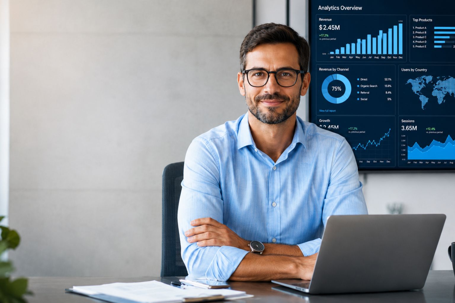 Data consultant working on a laptop in a modern office with a clear analytics dashboard showing charts, KPIs, and business performance data in the background.