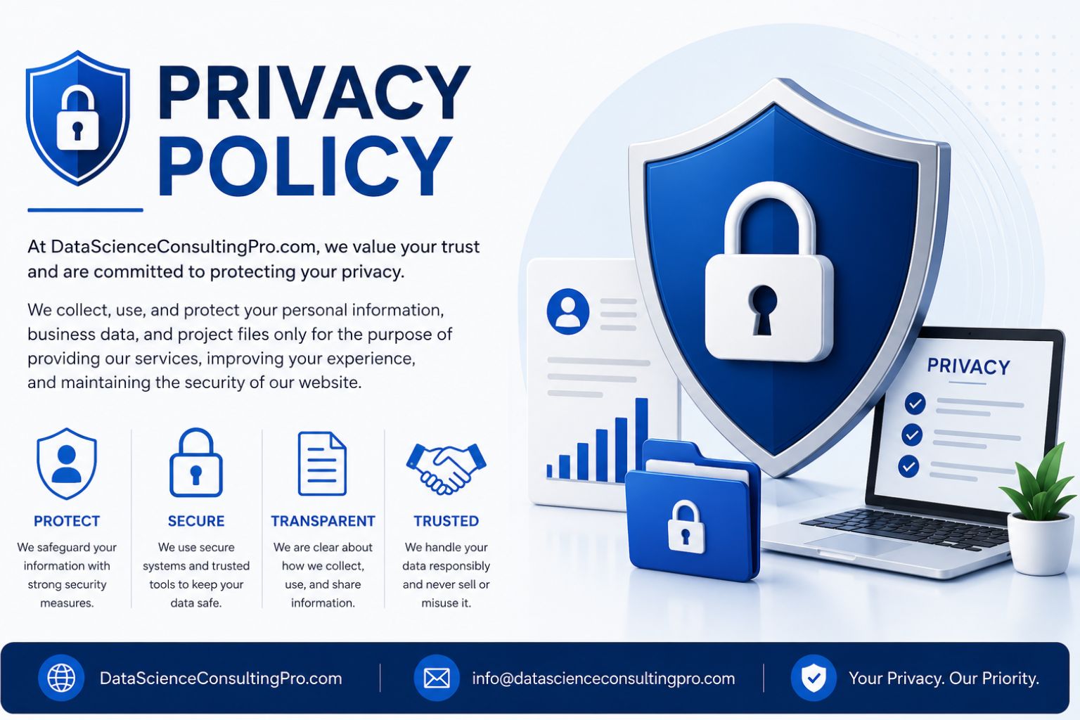 Privacy Policy banner for DataScienceConsultingPro.com featuring a blue shield with a padlock, privacy text, security icons, a laptop with a privacy checklist, and contact information including info@datascienceconsultingpro.com