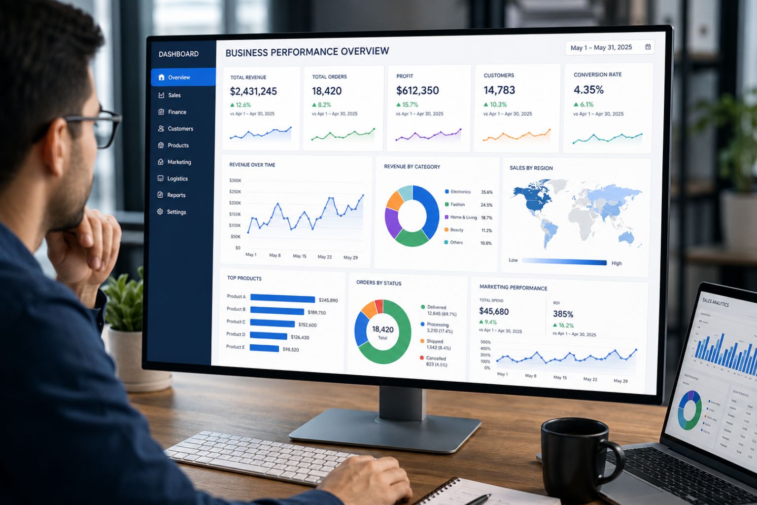 Data visualization services dashboard showing KPI charts, business performance metrics, and interactive analytics on a monitor.
