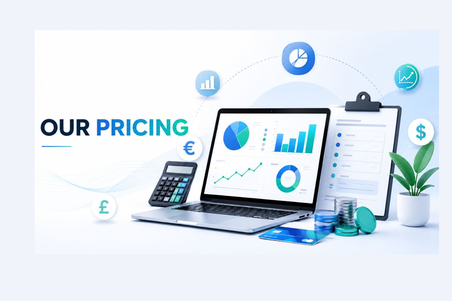 Our Pricing banner for DataScienceConsultingPro.com showing a laptop with analytics charts, a calculator, clipboard, coins, payment card, plant, and currency symbols for dollar, euro, and pound.