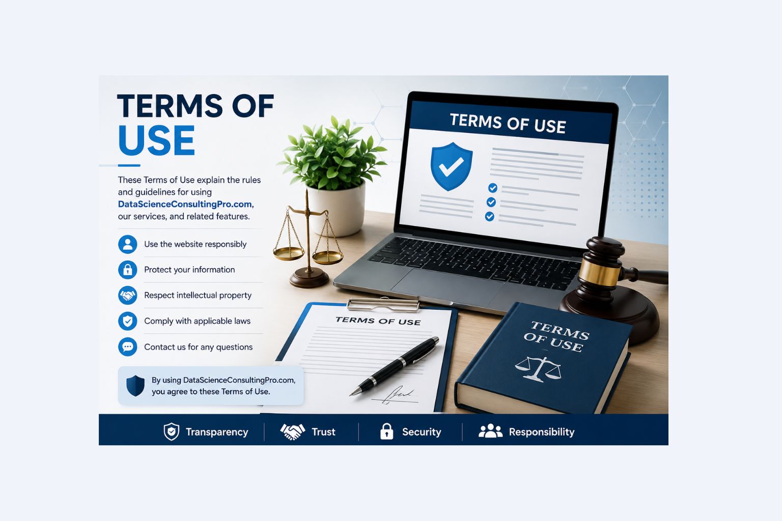Terms of Use banner for DataScienceConsultingPro.com showing a laptop with a terms document, legal icons, a clipboard, shield, lock, charts, and office elements in a blue professional layout.