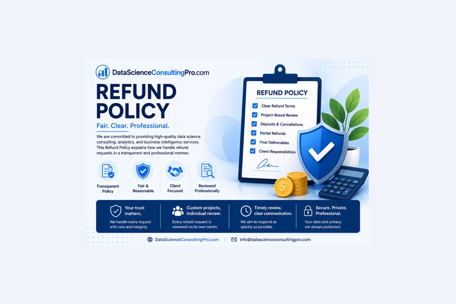 Refund Policy banner for DataScienceConsultingPro.com showing a clipboard with refund terms, a shield, calculator, coins, and icons representing transparent, fair, secure, and professional refund handling.