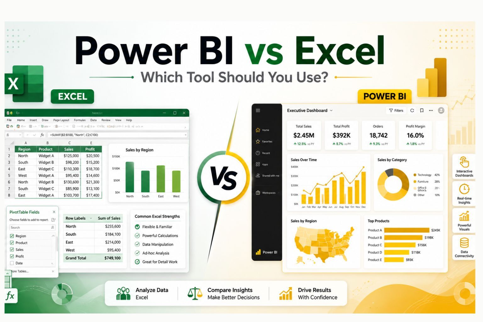 Power BI vs Excel cover image showing a side by side comparison of Excel and Power BI dashboards, features, and use cases.