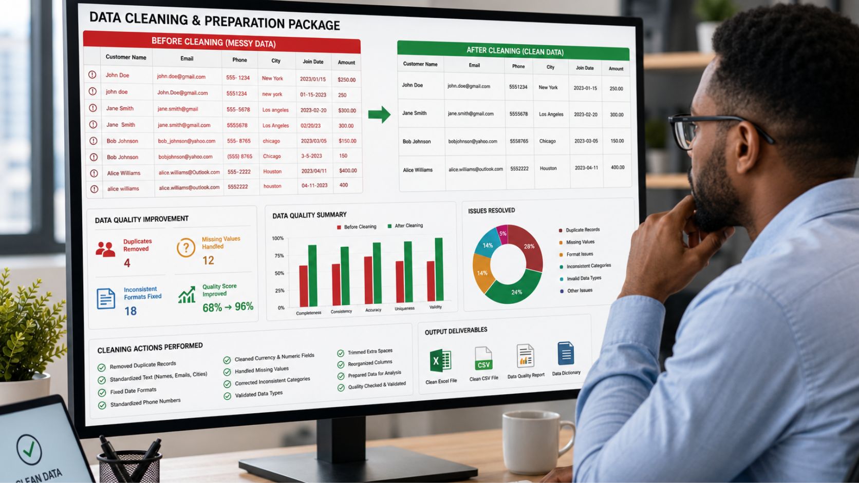 Data cleaning consultant reviewing a before-and-after data preparation dashboard with duplicate records, missing values, standardized fields, and clean dataset outputs.