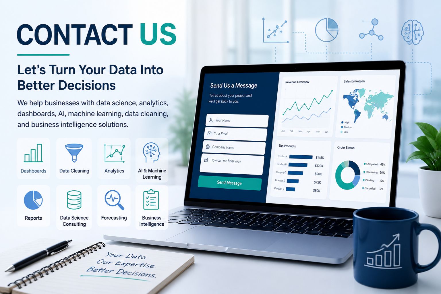 Contact Us banner for DataScienceConsultingPro.com showing a laptop with a contact form, analytics dashboards, charts, and data consulting service icons.