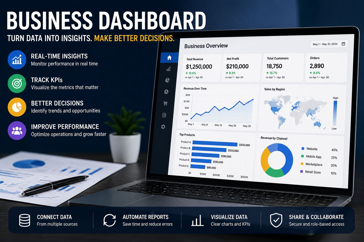 Business dashboard displayed on a laptop screen with KPI charts, analytics graphs, and performance metrics in a modern office setting.