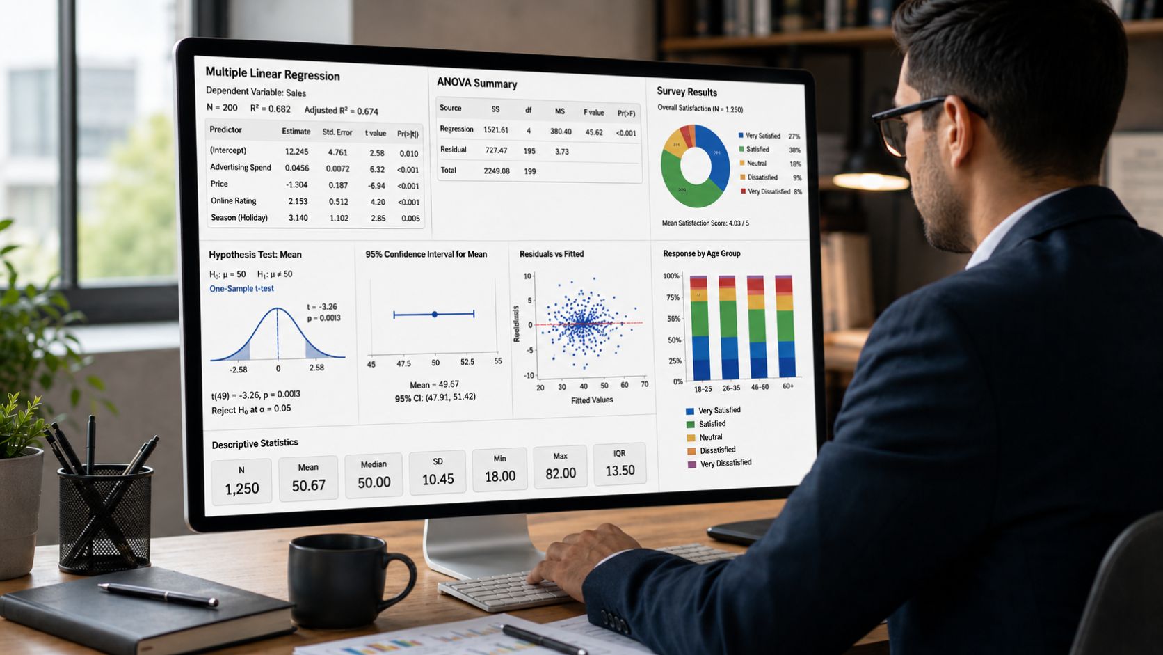 Statistical analysis consultant reviewing clear regression results, ANOVA summary, hypothesis test output, survey charts, and descriptive statistics on a desktop dashboard.