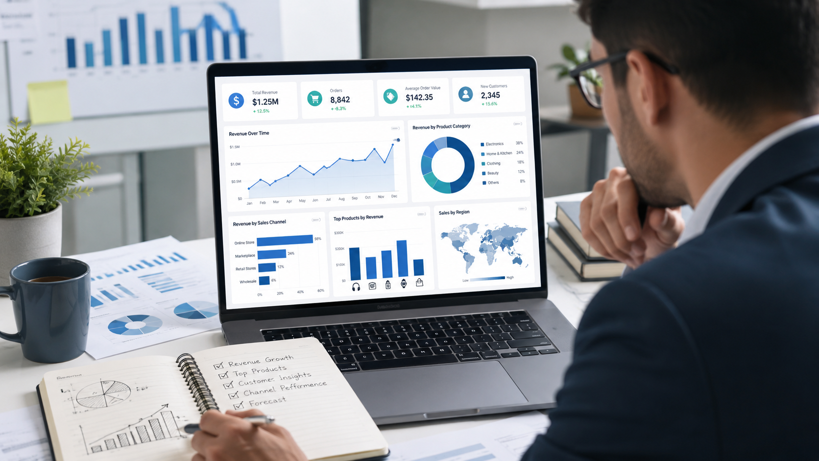 Business analyst reviewing a sales data dashboard with revenue trends, product performance, customer insights, and sales KPIs on a laptop.