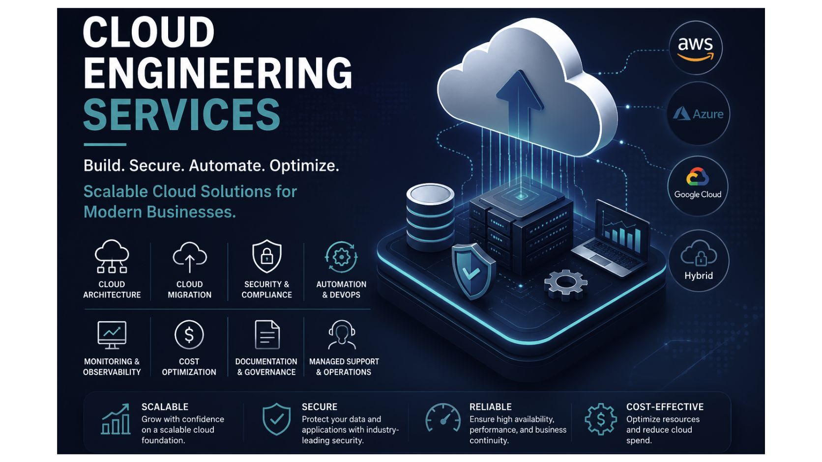 Cloud Engineering Services feature image showing scalable cloud solutions, cloud architecture, migration, security, automation, monitoring, and cost optimization
