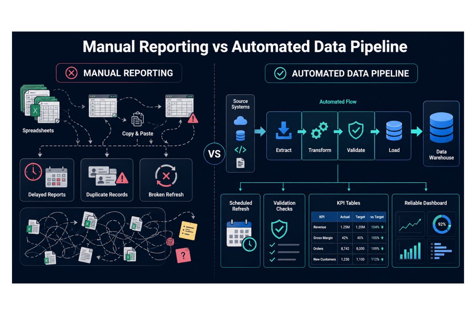 Manual reporting versus automated data pipeline, showing messy spreadsheet-based workflows on one side and a clean automated data flow with validation and dashboards on the other.