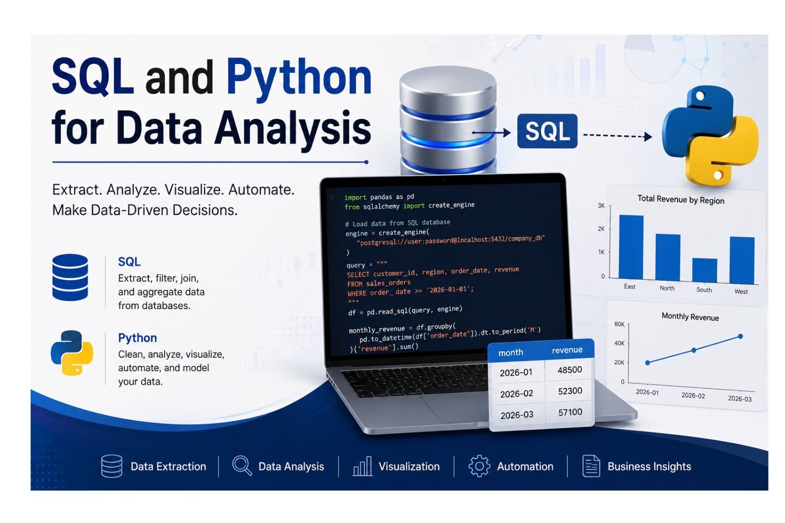 Cover image for SQL and Python for Data Analysis showing SQL database icons, Python logo, code on a laptop, and charts for revenue analysis.