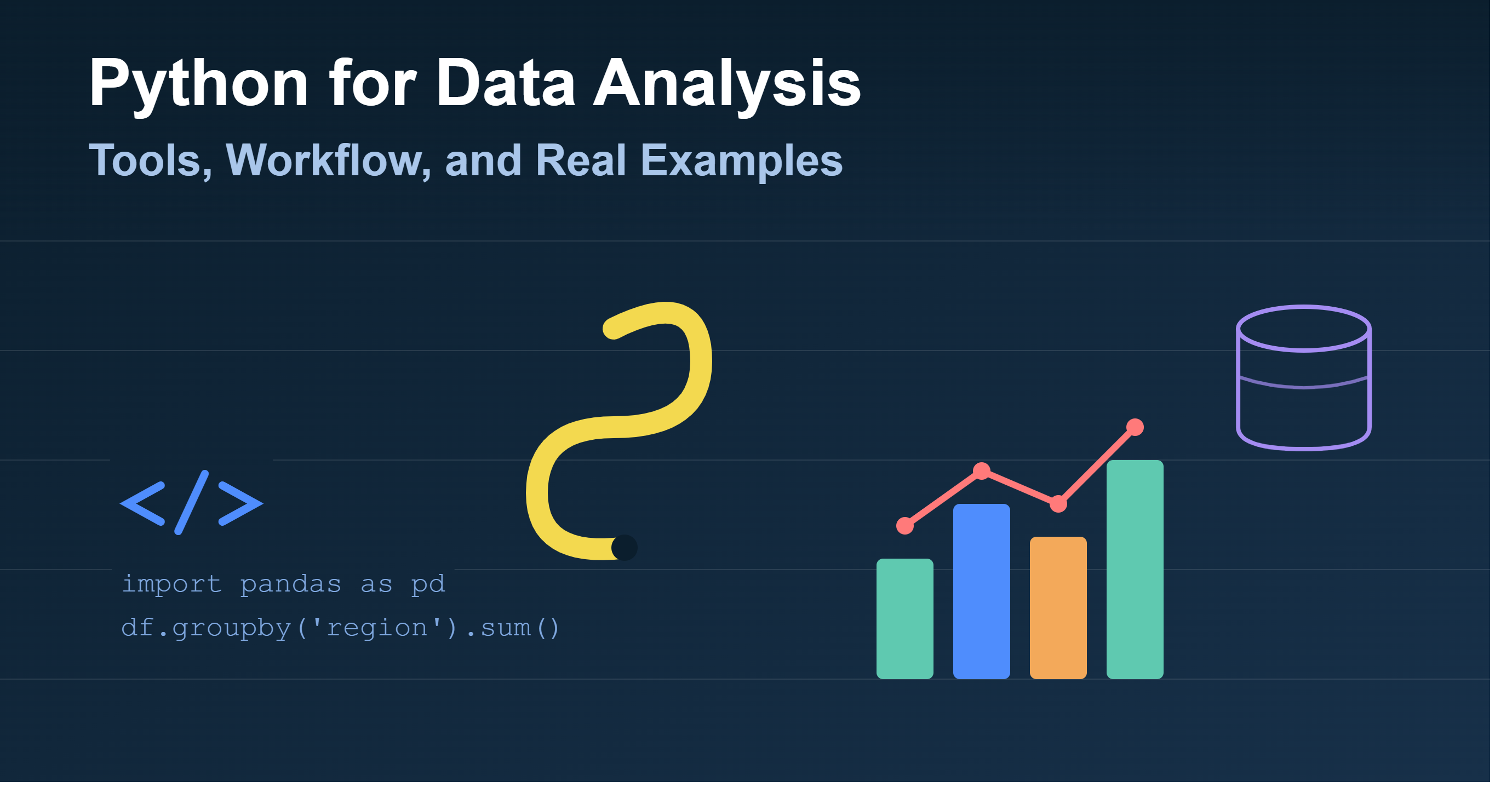 Illustration of code brackets with pandas code, a bar chart with a trend line, and a database cylinder representing Python for data analysis