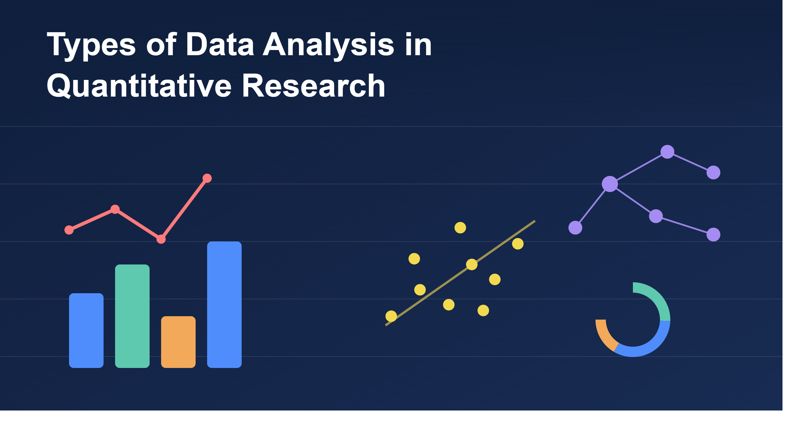 Illustration of bar charts, scatter plots, a trend line, and network nodes representing types of data analysis in quantitative research