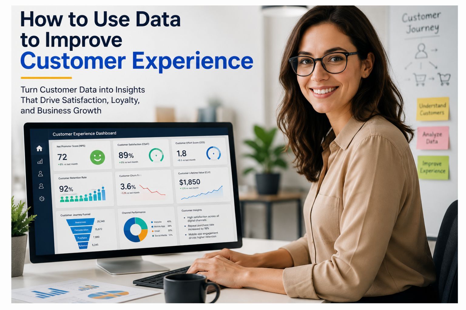 Professional business analyst using AI-powered customer analytics dashboard to improve customer experience through data, predictive analytics, and business intelligence.