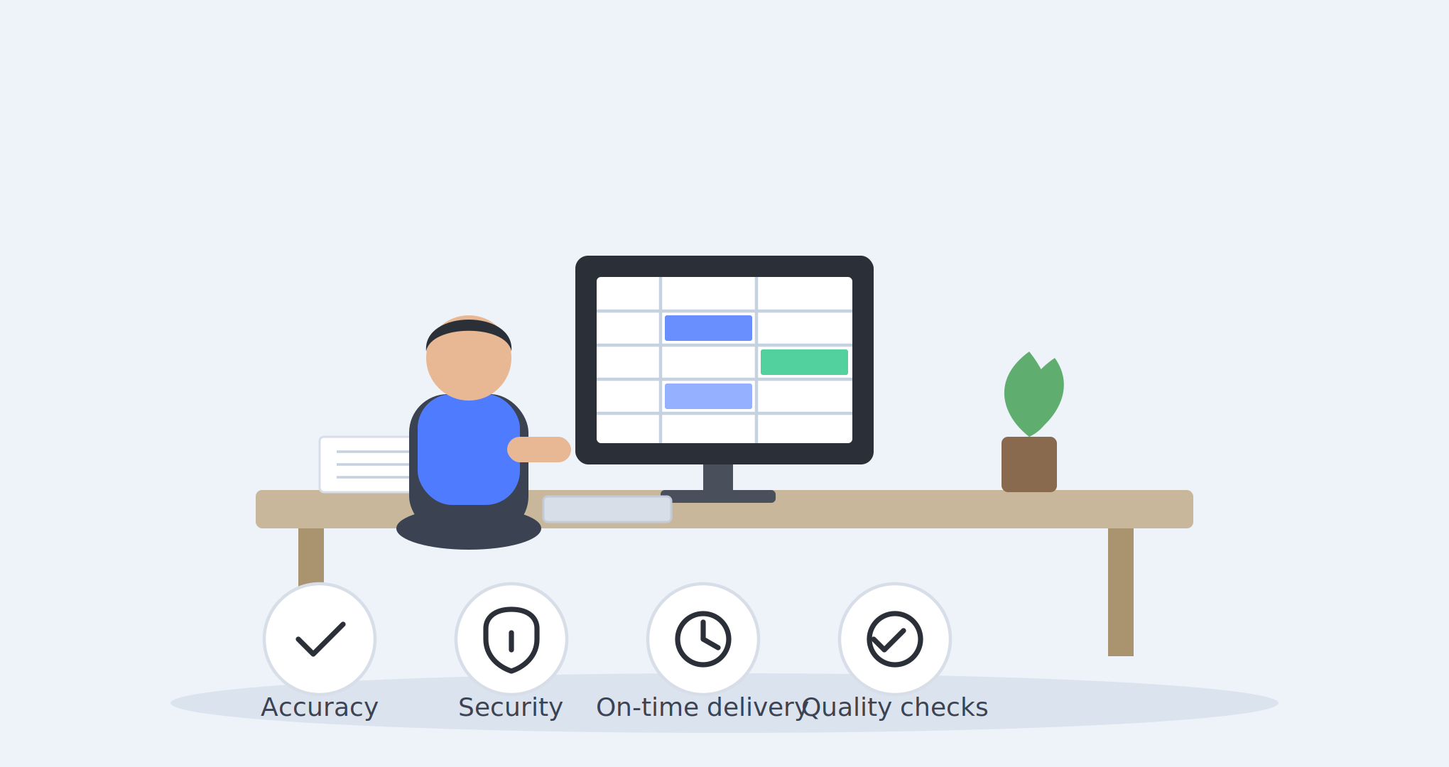 Illustration of a data entry specialist organizing spreadsheet records, with icons for accuracy, security, on-time delivery, and quality checks