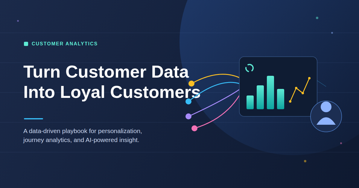 Illustration of customer data analytics dashboard with charts, graphs, and connected data points representing data-driven customer experience strategy