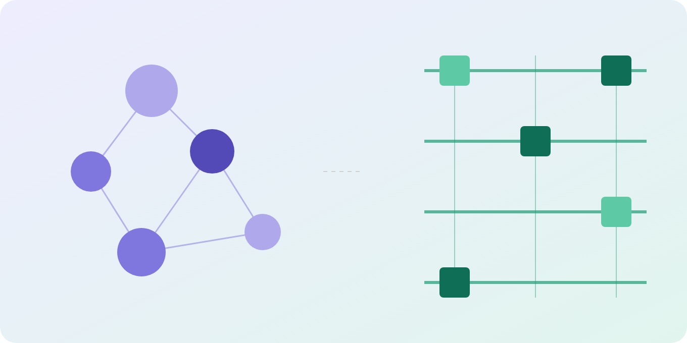 Abstract illustration contrasting data mesh and data fabric: a decentralized network of independently connected nodes on the left representing domain-owned data, and a structured grid of connected sources threaded by a fabric layer on the right.