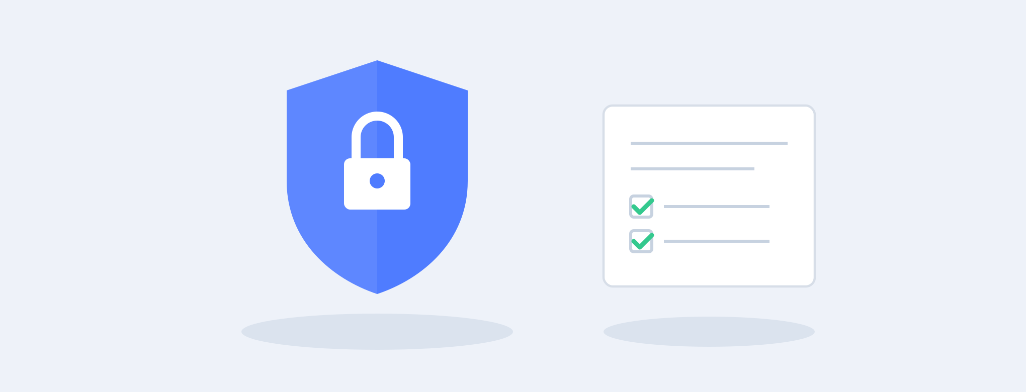 Illustration of a shield with a padlock next to a checklist document, representing secure and confidential handling of client data