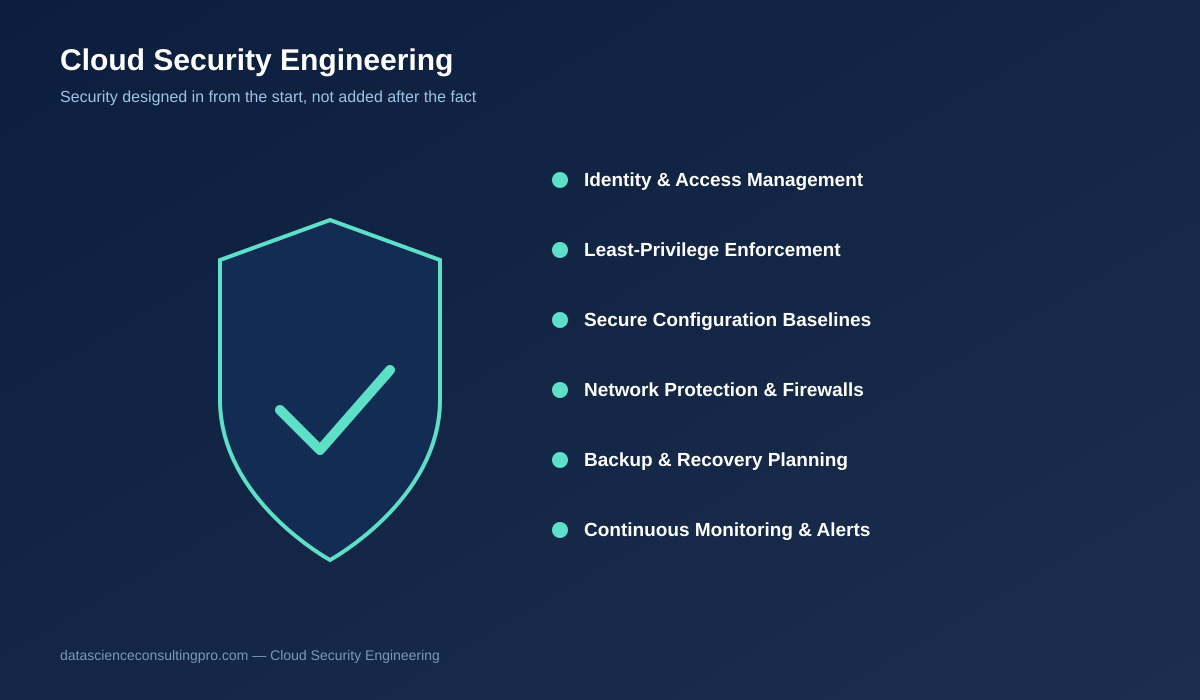 Cloud security engineering diagram showing identity access management, least privilege enforcement, network protection, and monitoring