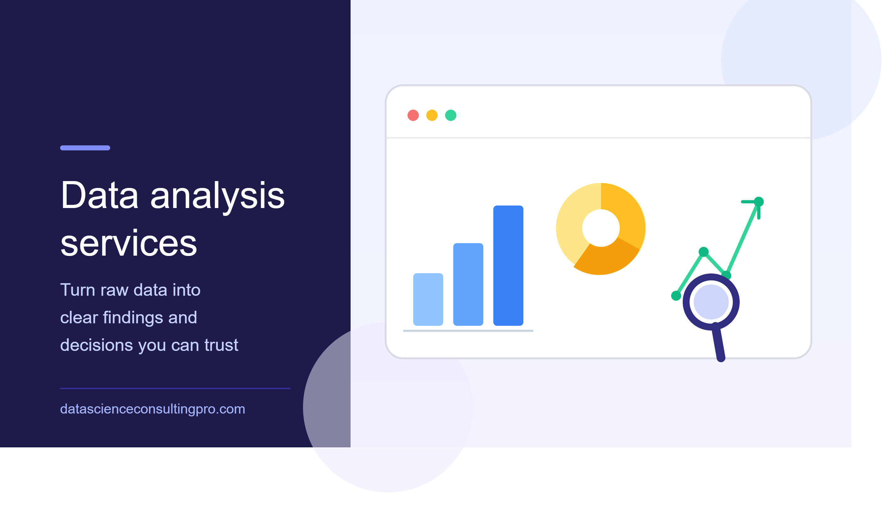 Data analysis services hero banner with dashboard illustration showing bar chart, pie chart, trend line, and magnifying glass