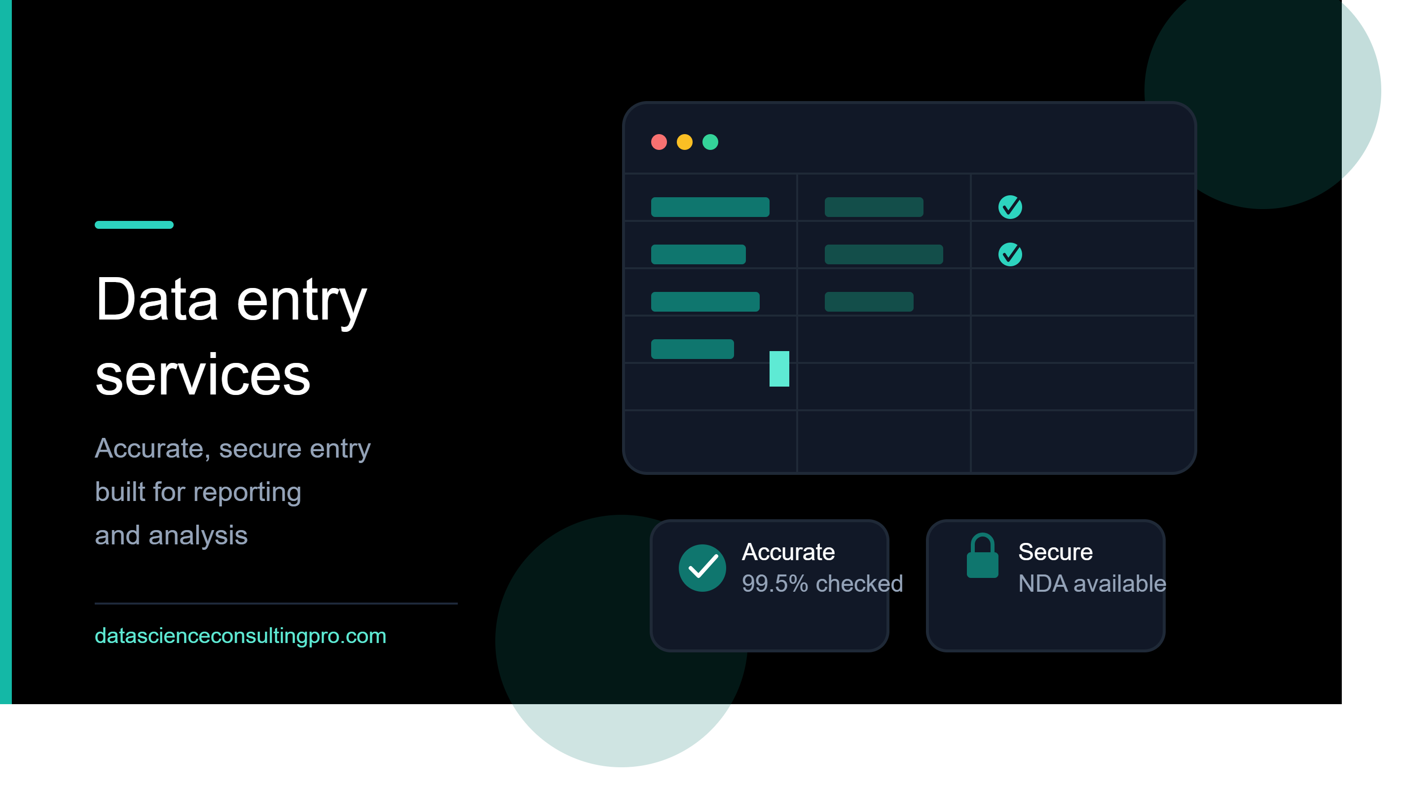 Data entry services hero banner with spreadsheet illustration and accuracy and security badges on a black background